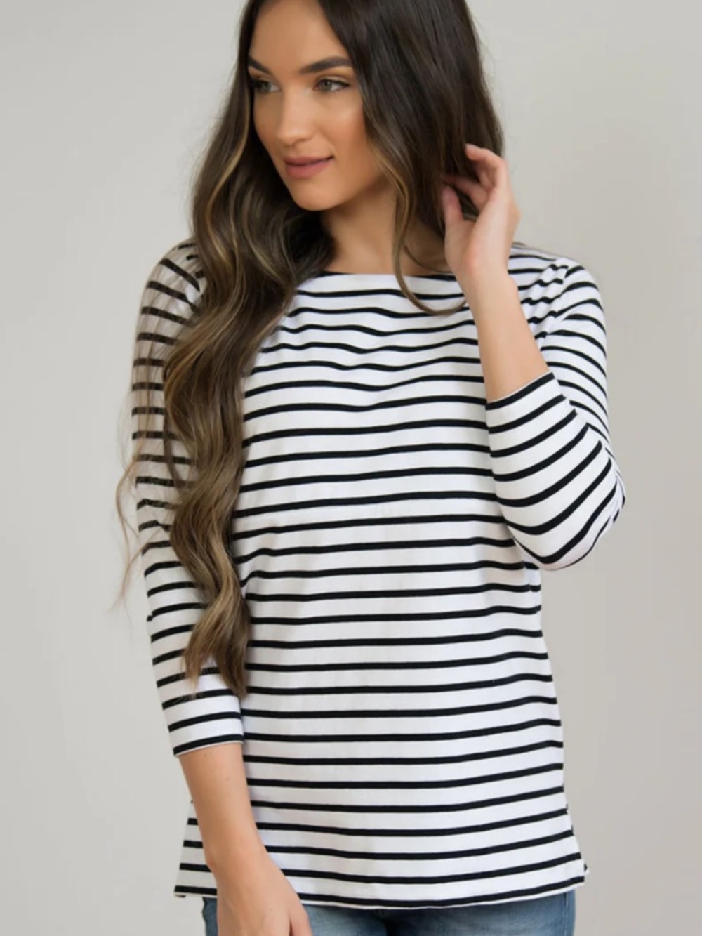 Nursing Queen Black & White Striped Boatneck 3/4 Sleeve Top Hidden Zipper